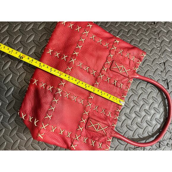 BERGE ITALY GENUINE LEATHER TOTE BAG RED w/ TAUPE STITCHING BOHO WOMENS PURSE - Picture 6 of 11
